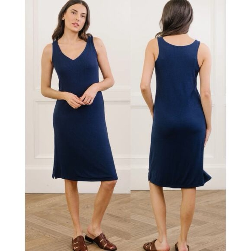 Cozy Earth Women’s Bamboo Rib-Knit V-Neck Tank Lounge Dress in Navy